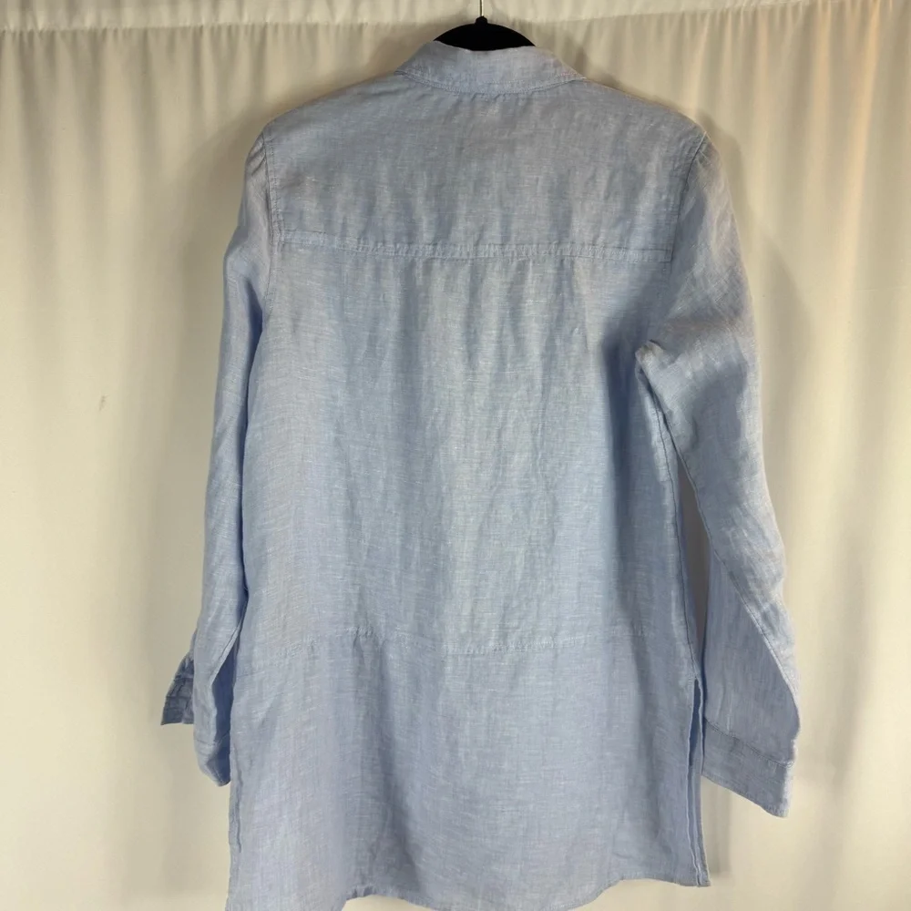 Tahari French blue 100% linen tunic shirt top split hem S Button -Up Top - Picture 11 of 14